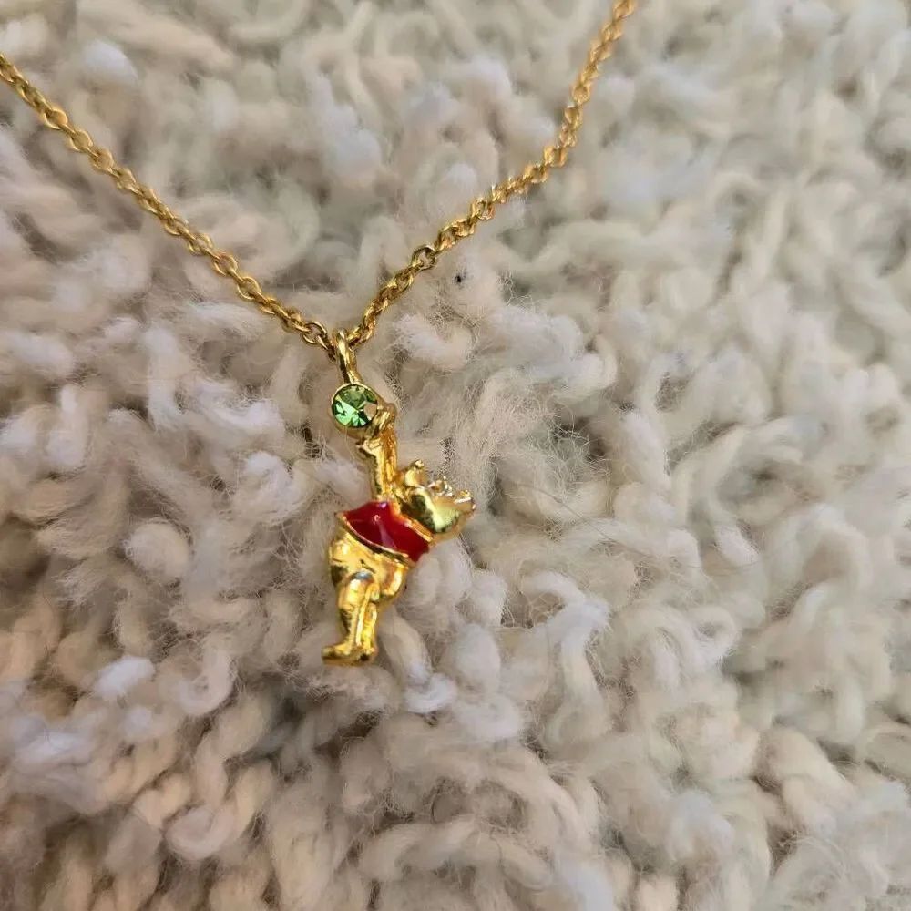 Disney Winnie the Pooh Green Rhinestone Necklace Gold Tone Chain
